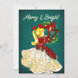 Vintage Red Gold Glitter Wreath Girl Thank You Card