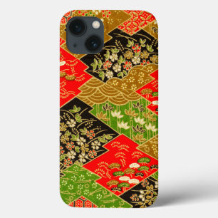 Vintage Red Gold Green Japanese Kimono Floral  iPhone 13 Case