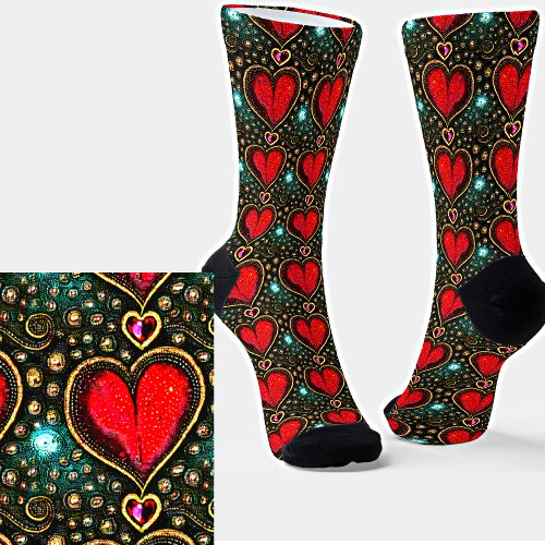 Vintage Red Gold Heart with Gemstones Socks