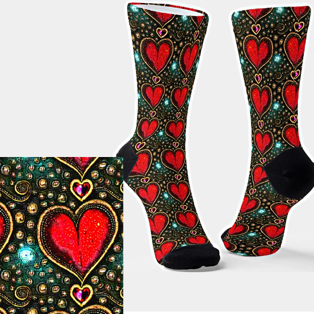 Vintage Red Gold Heart with Gemstones Socks (Creator Uploaded)