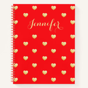 Vintage Red Gold Hearts Custom Name Notebook