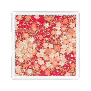 Vintage Red Gold Japanese Kimono Floral Flower Acrylic Tray