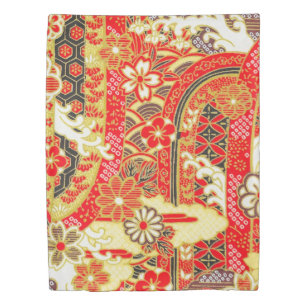 Vintage Red Gold Japanese Kimono Floral Flower Duvet Cover
