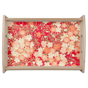 Vintage Red Gold Japanese Kimono Floral Flower Serving Tray
