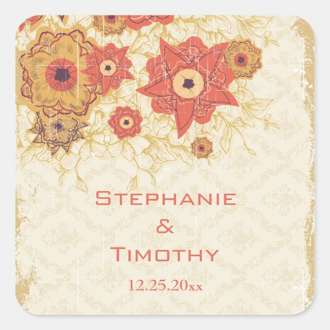 Vintage red gold poppy flowers wedding stickers (Front)