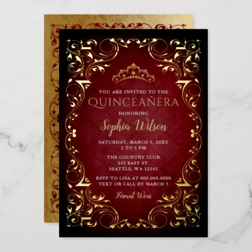 Vintage Red Gold Princess Tiara Quinceaera Foil Invitation