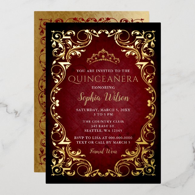 Vintage Red Gold Princess Tiara Quinceañera Foil Invitation (Front/Back)
