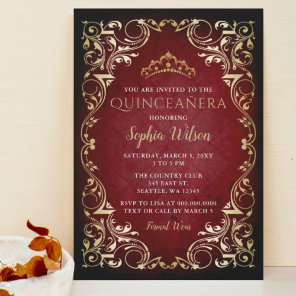 Vintage Red Gold Princess Tiara Quinceañera  Invitation