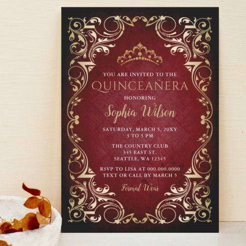 Vintage Red Gold Princess Tiara Quinceaera  Invitation