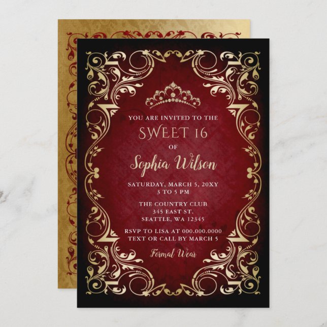Vintage Red Gold Princess Tiara Sweet 16  Invitation (Front/Back)