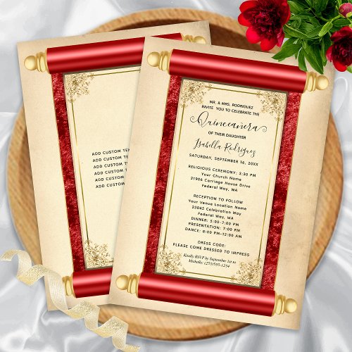 Vintage Red Gold Scroll Elegant Quinceaera Invitation