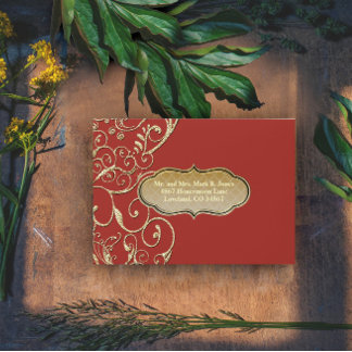 Vintage Red Gold Swirl Wedding RSVP Envelope
