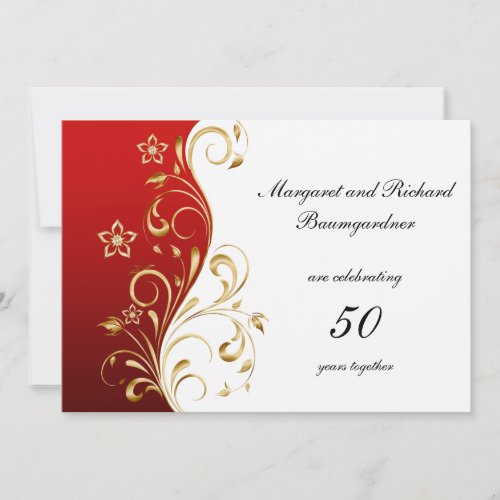 Vintage Red Gold Swirls 50th Wedding Anniversary Invitation