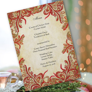 Vintage Red Gold Touch of Green Peacock Paisley Menu