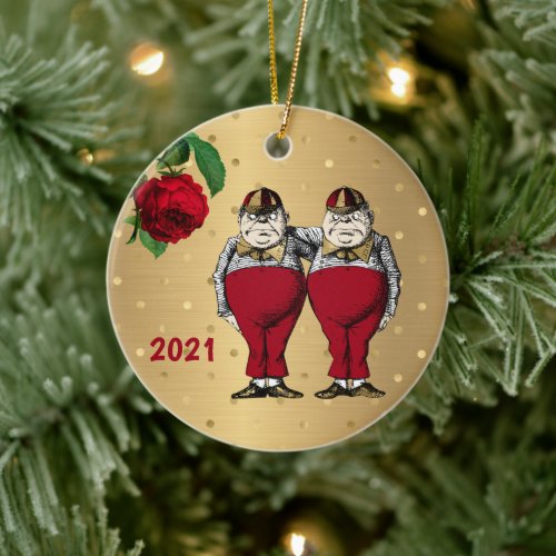 Vintage Red Gold Tweedles Christmas Ceramic Ornament