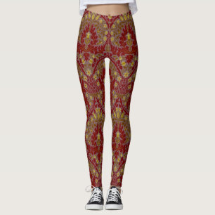 Vintage Red Gold William Morris Autumn Flowers Leggings