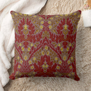Vintage Red Gold William Morris Autumn Flowers Throw Pillow