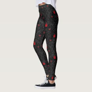 Vintage Red Gothic Rose Damask Pattern Leggings