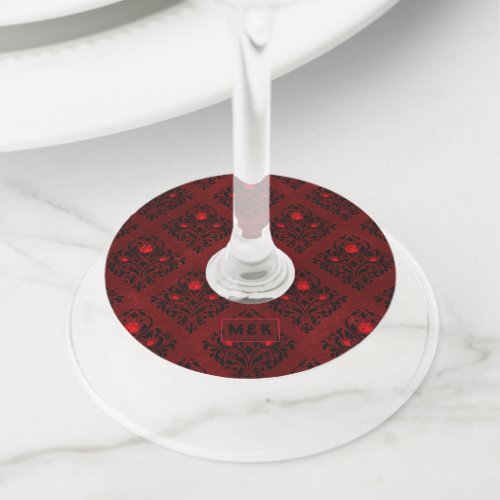 Vintage Red Gothic Wedding Rose Damask Pattern Wine Glass Tag