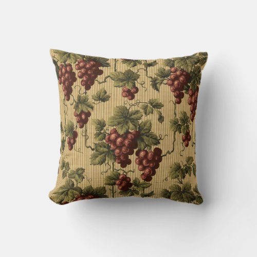 Vintage Red Grapes on Grapevine Pattern Throw Pillow