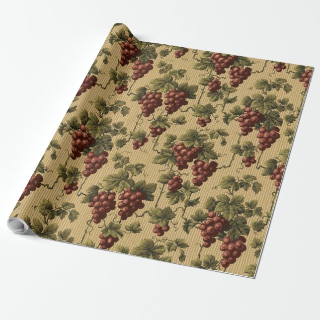Vintage Red Grapes on Grapevine Pattern Wrapping Paper (Unrolled)