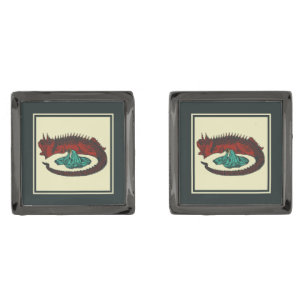 Vintage Red Green Beige Dragon Lady Art Nouveau Cufflinks