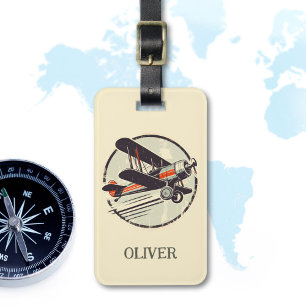 Vintage Red Green Biplane  Personalized Luggage Tag
