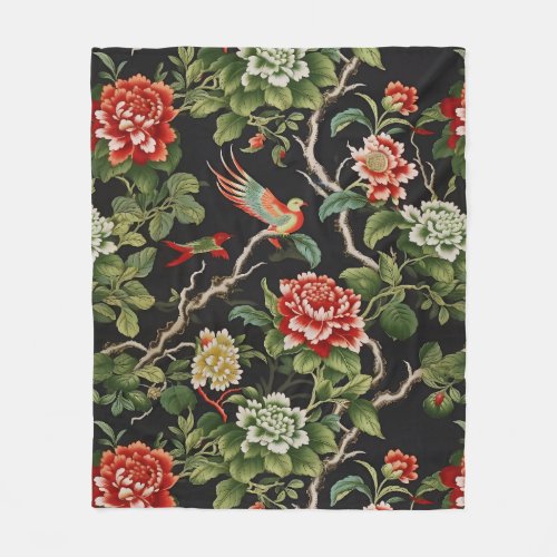 Vintage red green chinoiserie floral fleece blanket