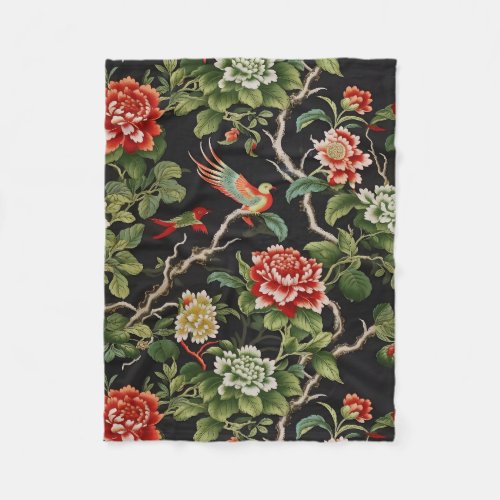 Vintage red green chinoiserie floral fleece blanket