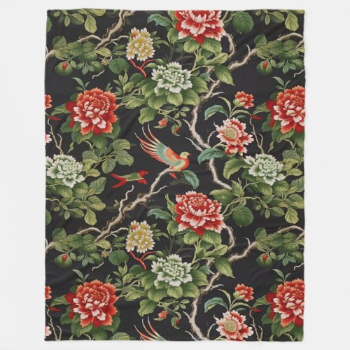 Vintage red green chinoiserie floral fleece blanket