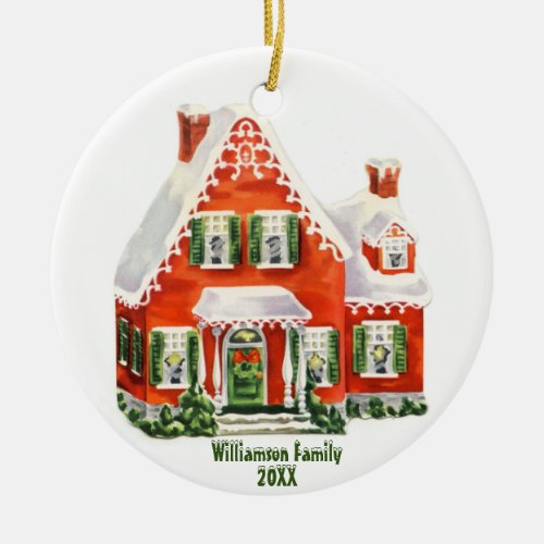 Vintage Red  Green Christmas House wSnow Photo Ceramic Ornament