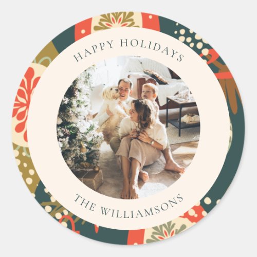 Vintage Red Green Christmas Ornaments Custom Photo Classic Round Sticker