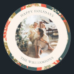 Vintage Red Green Christmas Ornaments Custom Photo Classic Round Sticker<br><div class="desc">This vintage aesthetic holiday sticker features your photo surrounded by a colorful red and green ornament pattern.</div>