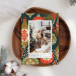 Vintage Red Green Christmas Ornaments Custom Photo Holiday Card<br><div class="desc">This vintage aesthetic holiday card features your photo surrounded by a colorful red and green ornament pattern and a trendy script typography.</div>