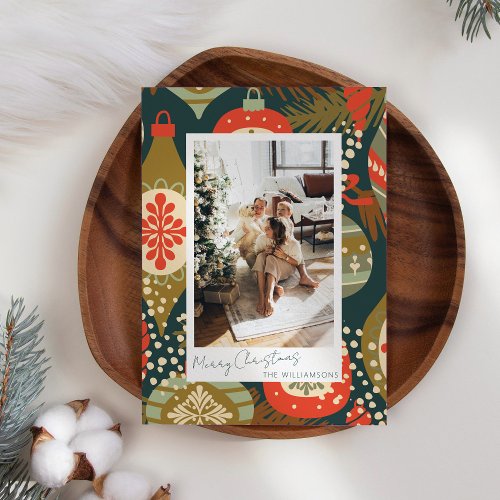 Vintage Red Green Christmas Ornaments Custom Photo Holiday Card