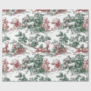 Vintage Red Green Christmas Santa Claus Sleigh Wrapping Paper
