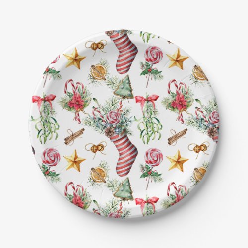 Vintage Red  Green Christmas Stocking Pattern Paper Plates