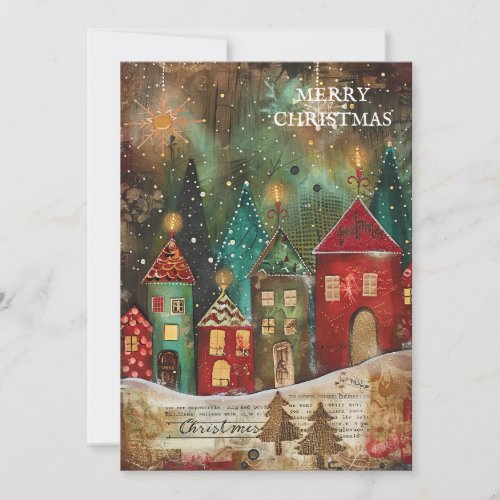 Vintage Red Green Christmas Village Holiday Card