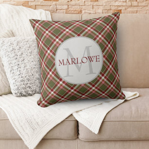 Vintage Red Green Classic Plaid Monogram Custom Throw Pillow