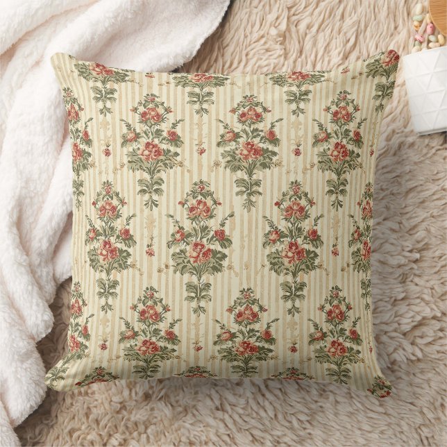 Vintage Red Green Damask Pattern (10) Throw Pillow (Blanket)