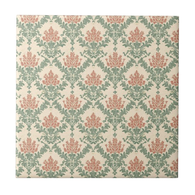 Vintage Red Green Damask Pattern Ceramic Tile (Front)
