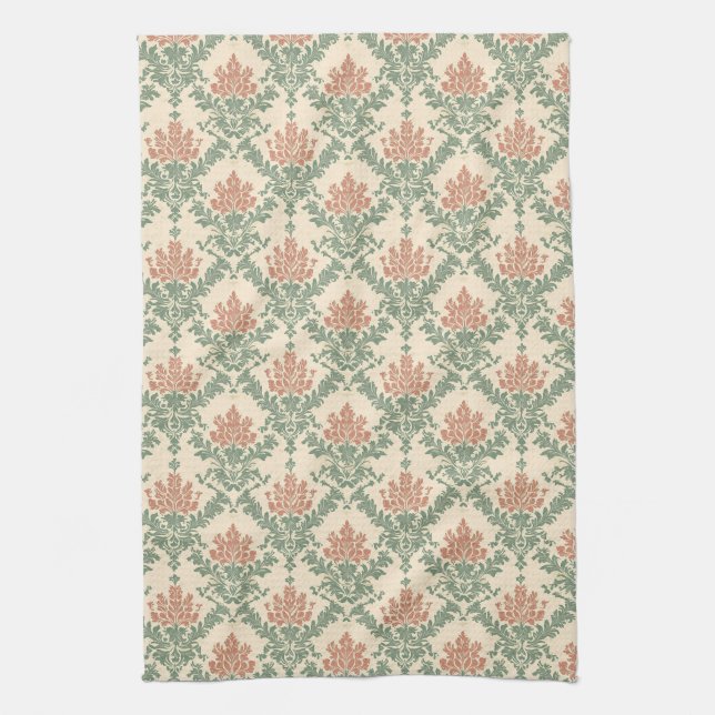 Vintage Red Green Damask Pattern Kitchen Towel (Vertical)