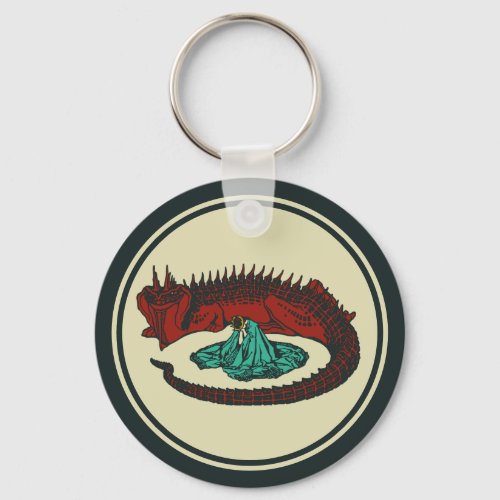 Vintage Red Green Dragon Lady Art Nouveau Graphic  Keychain