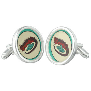 Vintage Red Green Dragon Lady Art Nouveau Style Cufflinks