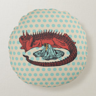 Vintage Red Green Dragon Lady Art Nouveau Vector Round Pillow