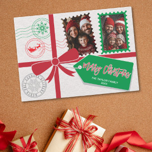 Vintage Red Green Gift Bow Photo Merry Christmas Holiday Card