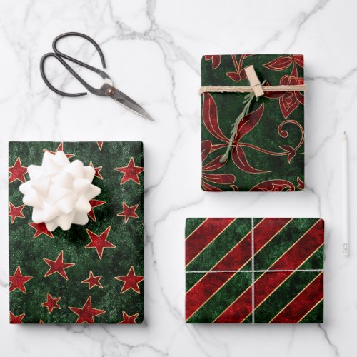 Vintage Red Green  Gold Holiday Velvet Christmas Wrapping Paper Sheets