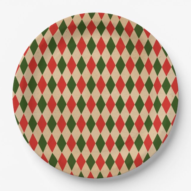 Vintage Red & Green Harlequin Pattern  Paper Plates (Front)