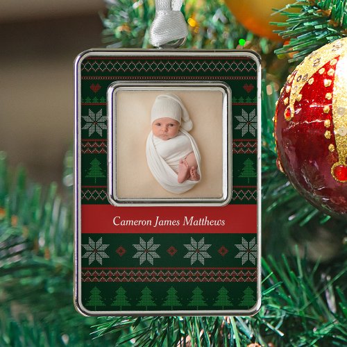 Vintage Red Green Photo Personalized Babys First Christmas Ornament