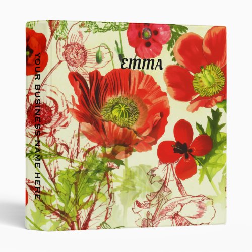 Vintage Red Green Poppies Summer Wildflowers 3 Ring Binder